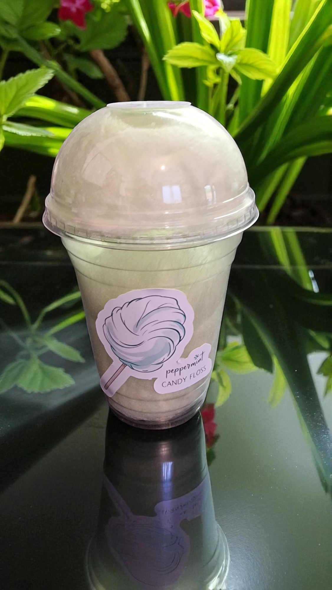 Plastic cup with a lid on a reflective surface with plants in the background
