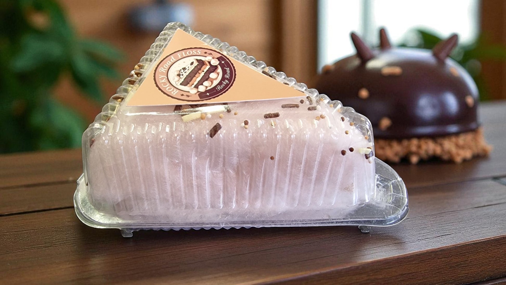 Triangular cake in a clear plastic packaging on a wooden table with a blurred background
