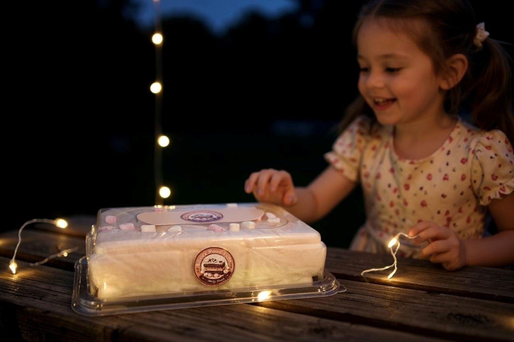 Child interacting with a cake on a wooden table at night with string lights in the background