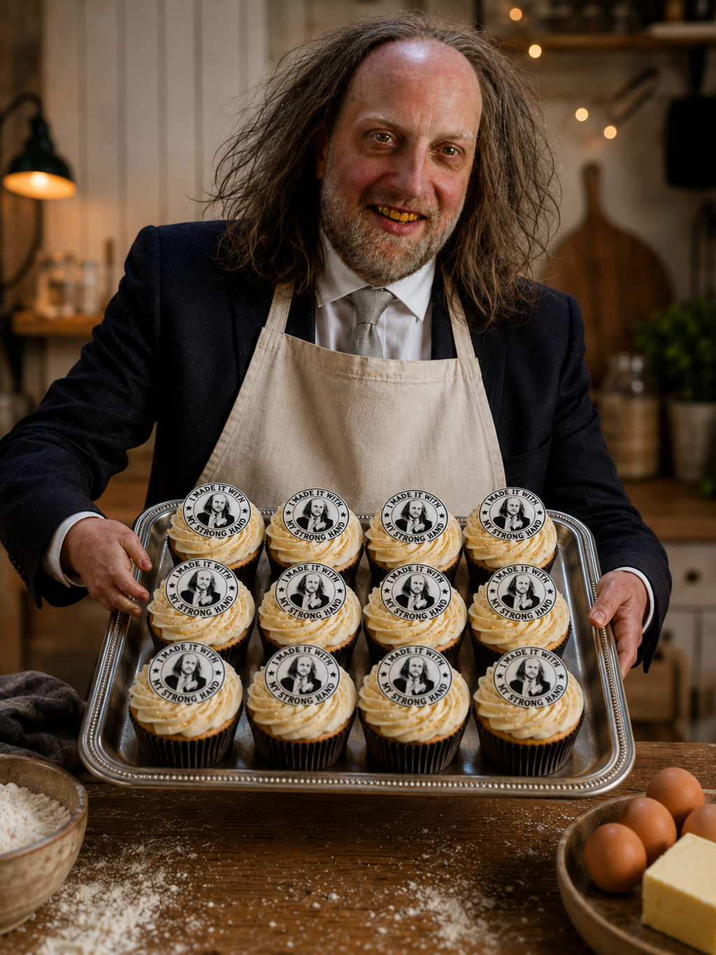 A man in a kitchen setting wearing a beige apron over a dark suit holds a metal tray of 12 frosted cupcakes. Each cupcake has a black and white circular topper featuring a cartoon character and the text 'DON'T BE Aid' (partially obscured).