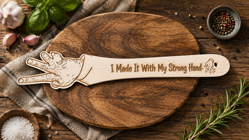 A wooden kitchen utensil with a hand-shaped handle rests on a round wooden cutting board. The handle is engraved with the phrase 'I Made It With My Strong Hand' and a small chef's hat illustration.