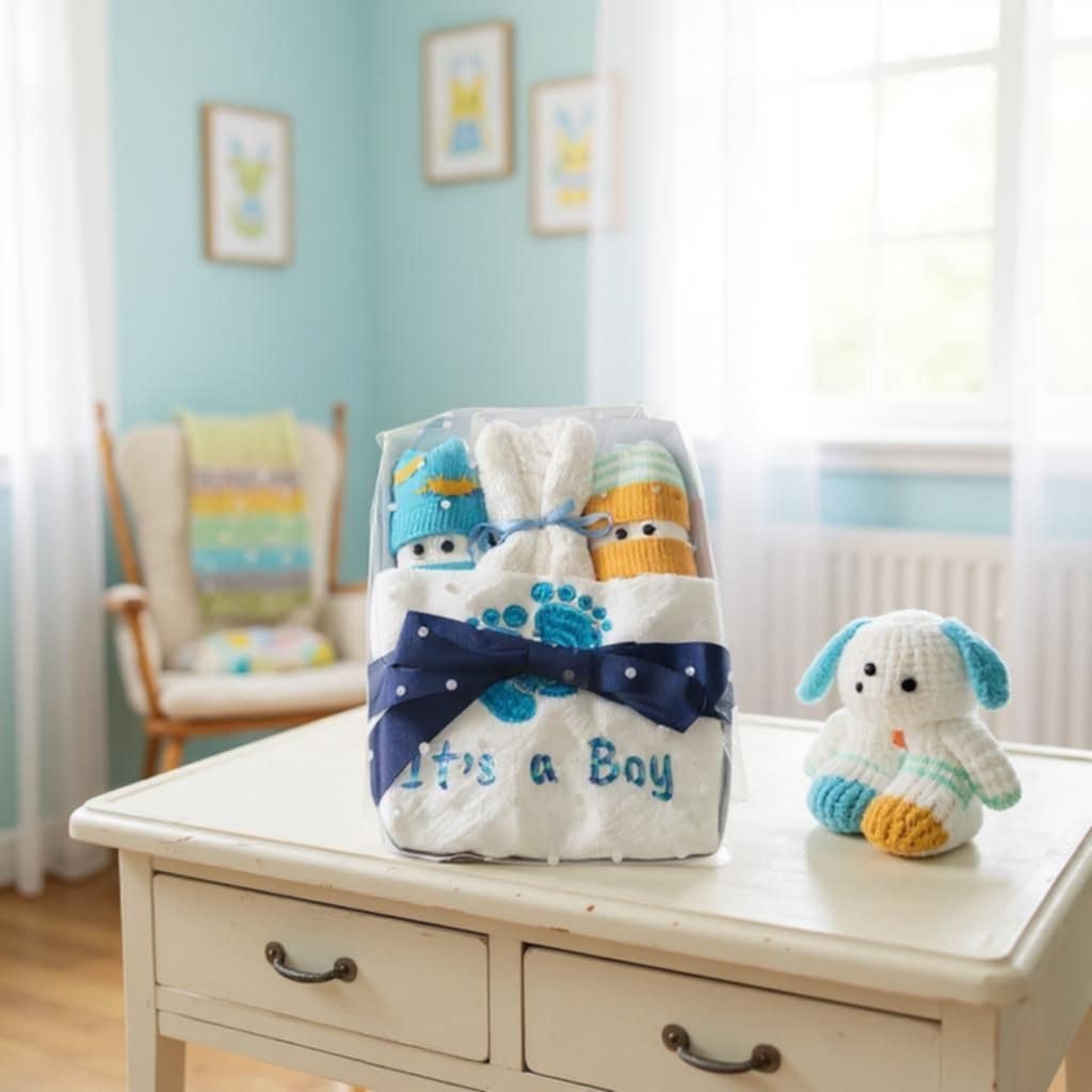 Baby shower gift set with baby booties, blanket, and plush toy on a table in a room.