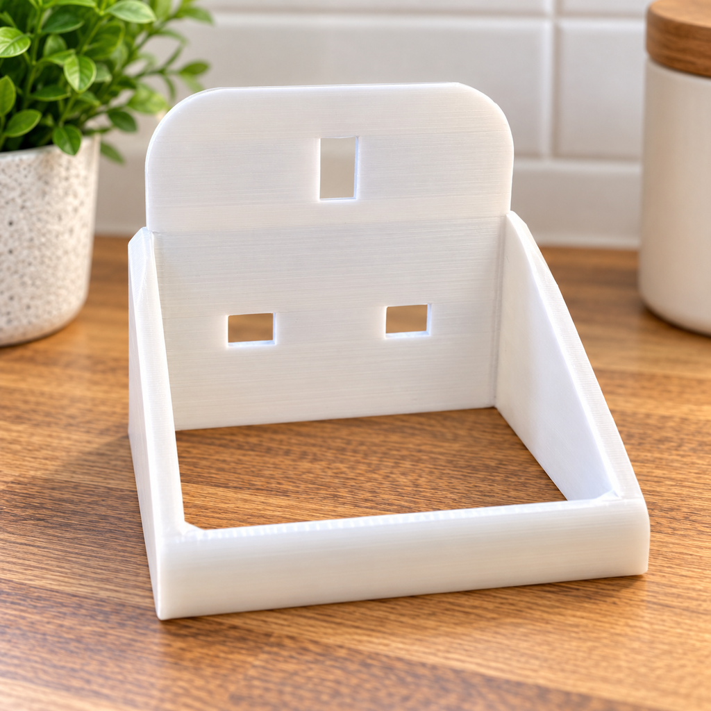 A white 3D-printed electrical wall socket holder on a wooden countertop, with a potted plant and kitchen canister blurred in the background.