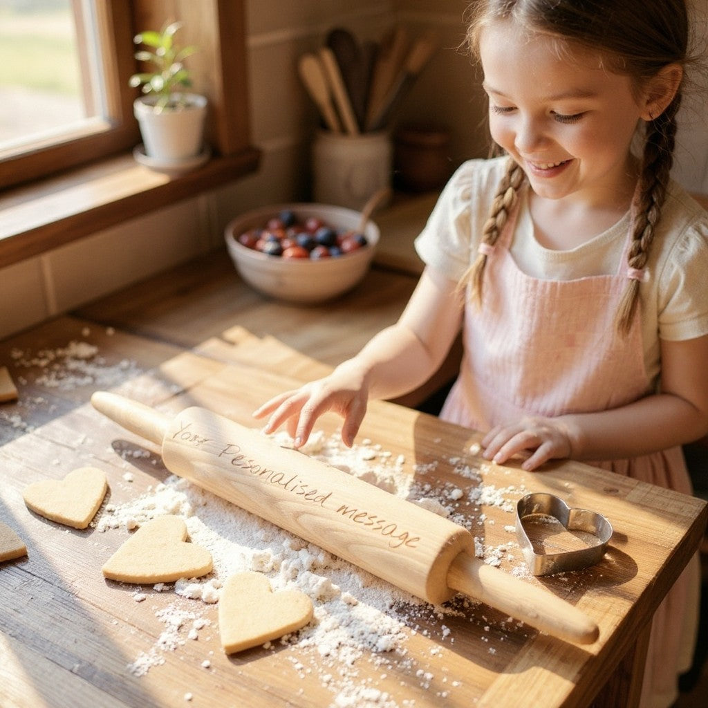 Child in a kitchen making cookies with a wooden rolling pin and heart-shaped cookie cutter.