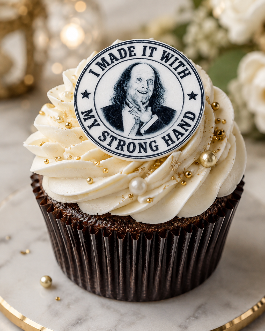 A chocolate cupcake with cream frosting topped with a round novelty topper featuring a portrait of Benjamin Franklin and the text 'I MADE IT WITH MY STRONG HAND.' The cupcake sits on a marble surface with blurred decorative flowers and warm bokeh lights in the background.