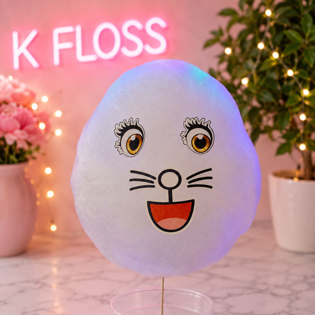 A white flossing mouth-shaped cotton candy holder on a clear stand, featuring a cartoon cat face with eyes, whiskers, and a red mouth. The product is displayed on a marble surface with a pink neon sign reading 'K FLOSS' in the background, flanked by potted plants with warm string lights.