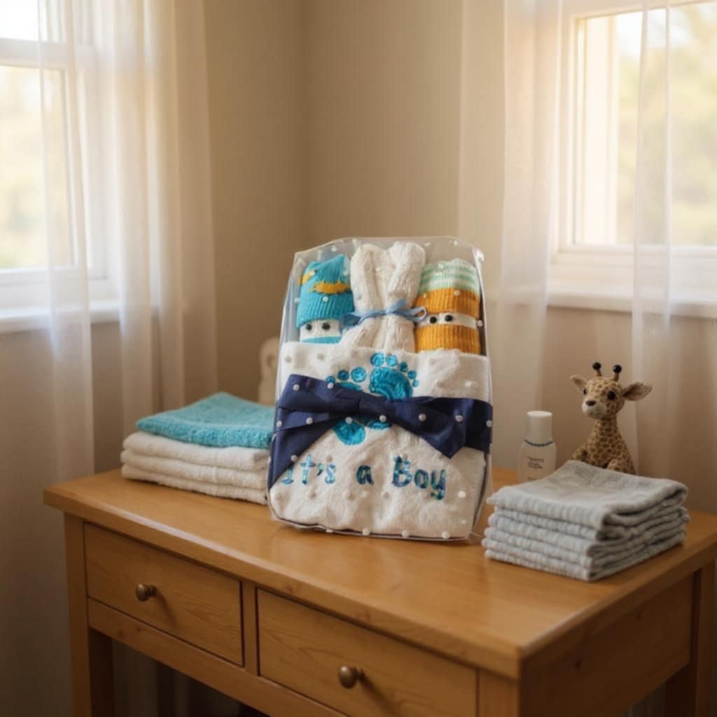 Baby boy gift set with towels and plush toys on a wooden dresser.