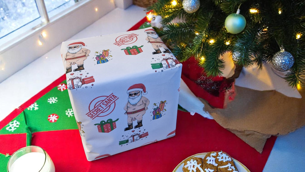 Cheeky Secret Santa Christmas wrapping paper featuring a cartoon naked Santa with gifts, Secret Santa stamps, and colourful presents on white A3 sheets