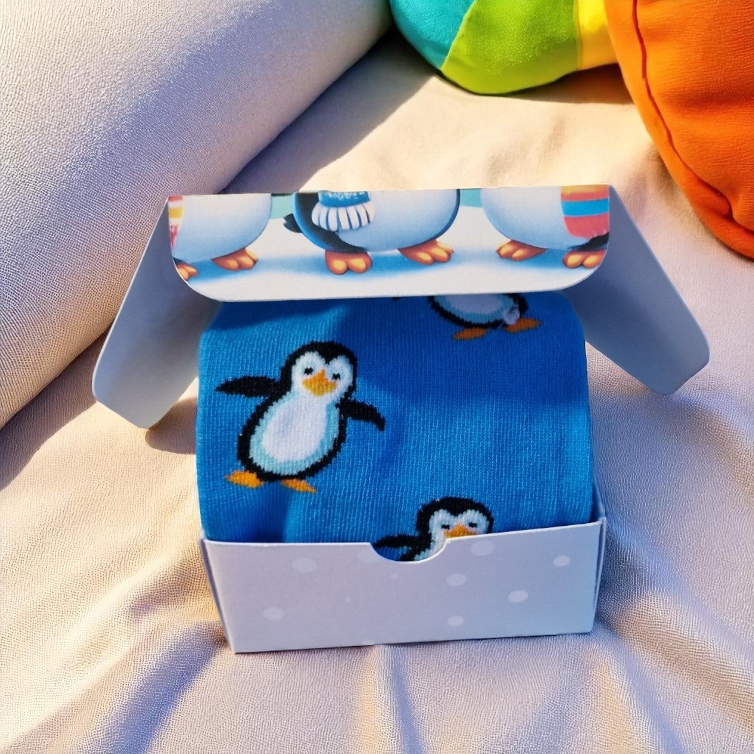 Blue penguin-themed socks in a stylish gift box with tag – cozy novelty socks for adults, perfect penguin lover gift