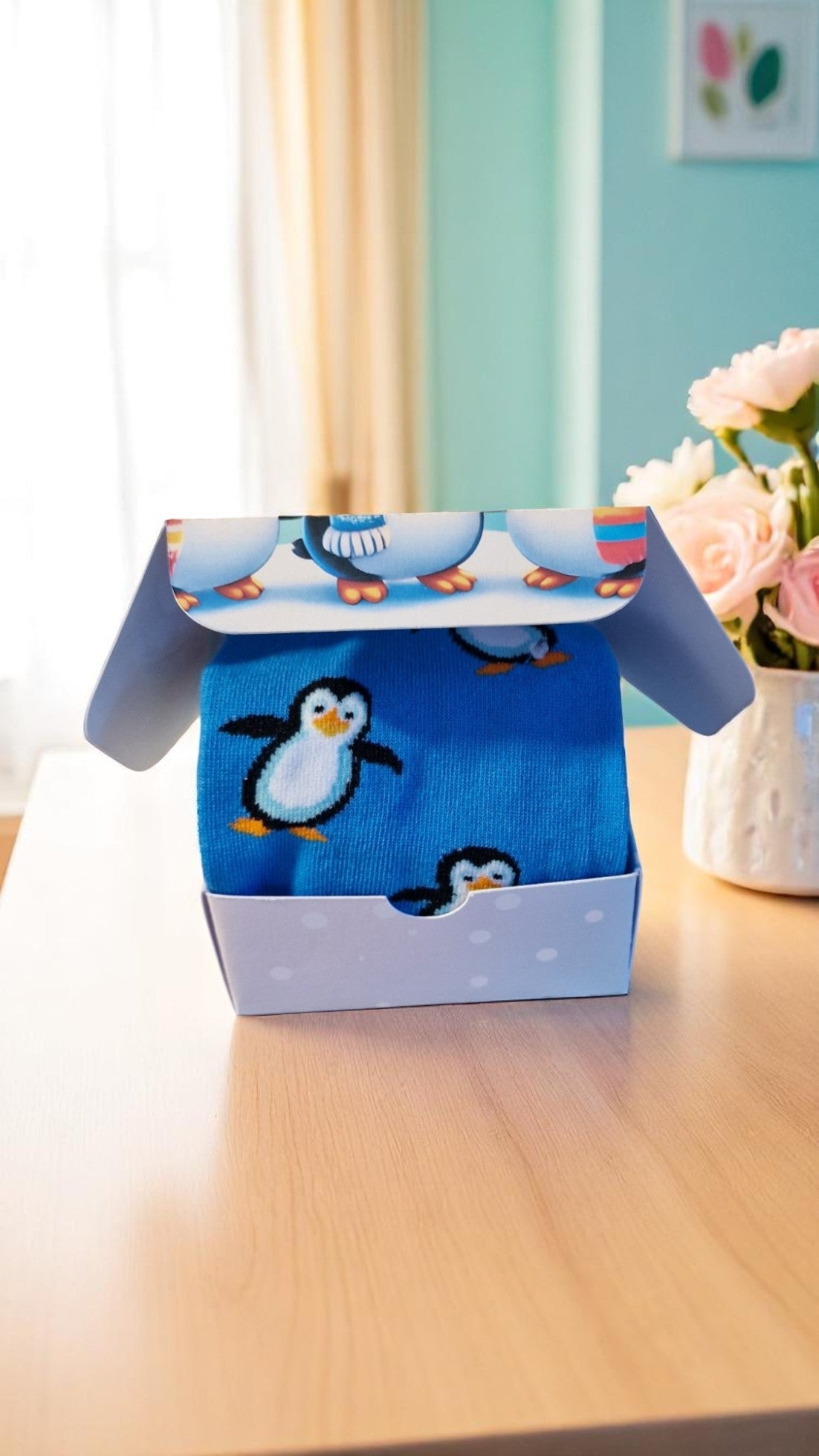 Blue penguin-themed socks in a stylish gift box with tag – cozy novelty socks for adults, perfect penguin lover gift