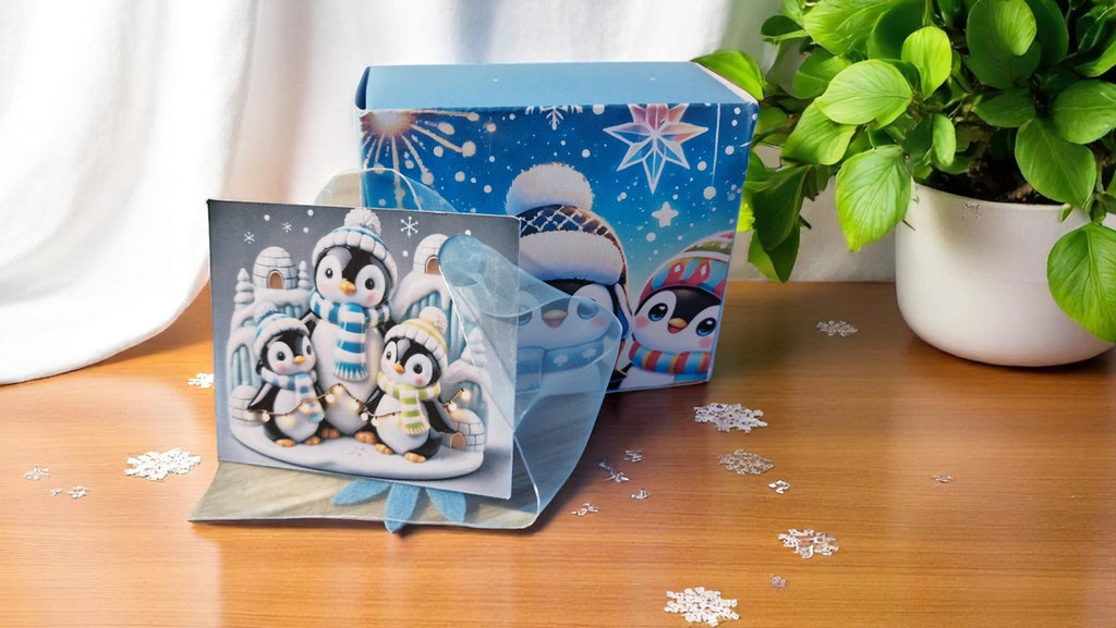 Blue penguin-themed socks in a stylish gift box with tag – cozy novelty socks for adults, perfect penguin lover gift