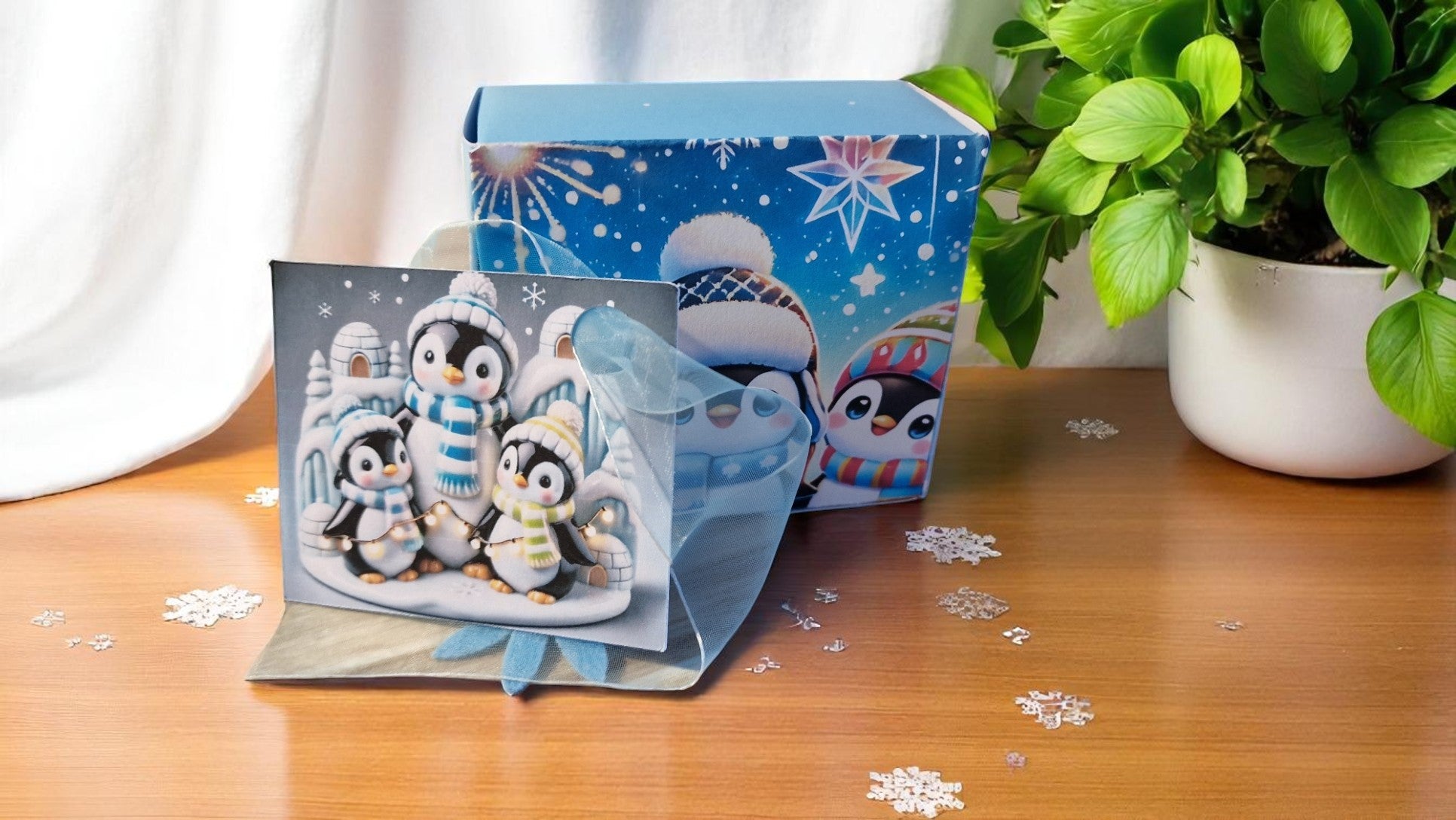 Blue penguin-themed socks in a stylish gift box with tag – cozy novelty socks for adults, perfect penguin lover gift