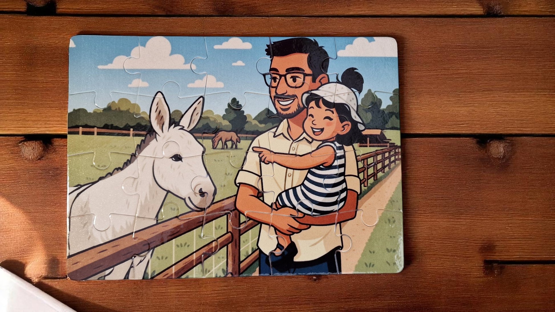Children's puzzle with illustration of a man and child at a farm, featuring a donkey.