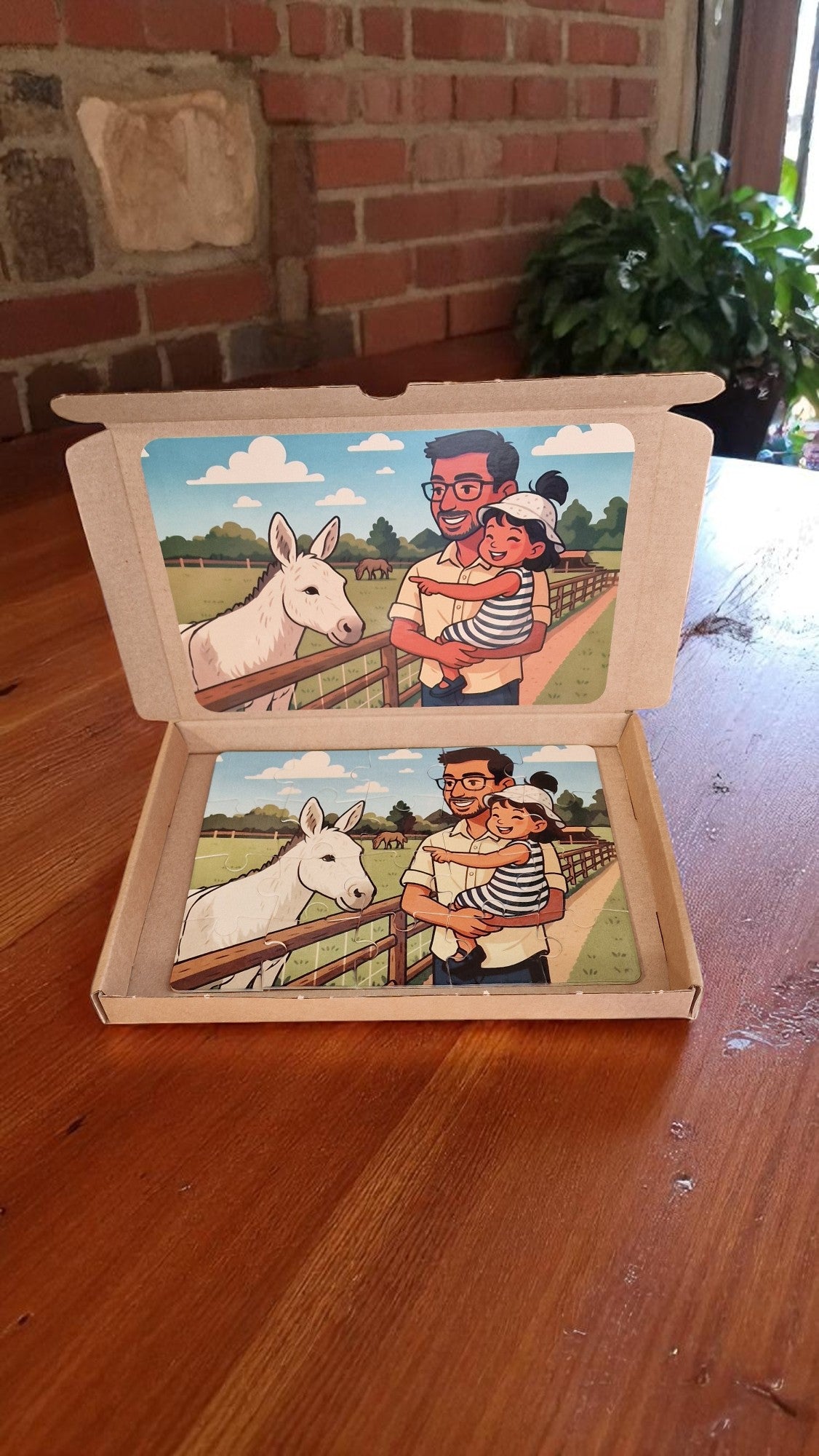 Wooden puzzle with illustrations of a couple and donkeys on a wooden surface.