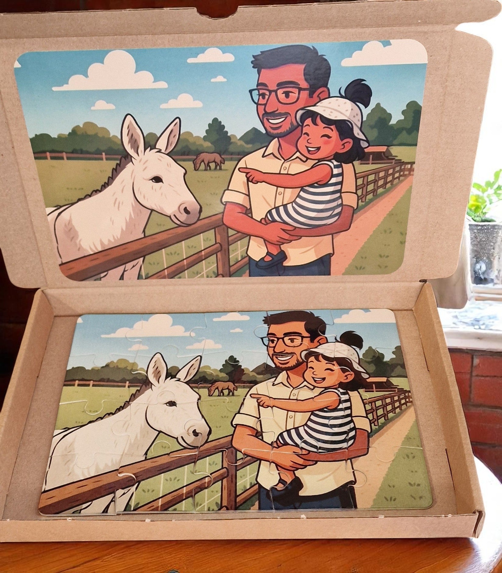 Illustration of a man and child with a donkey on a pizza box