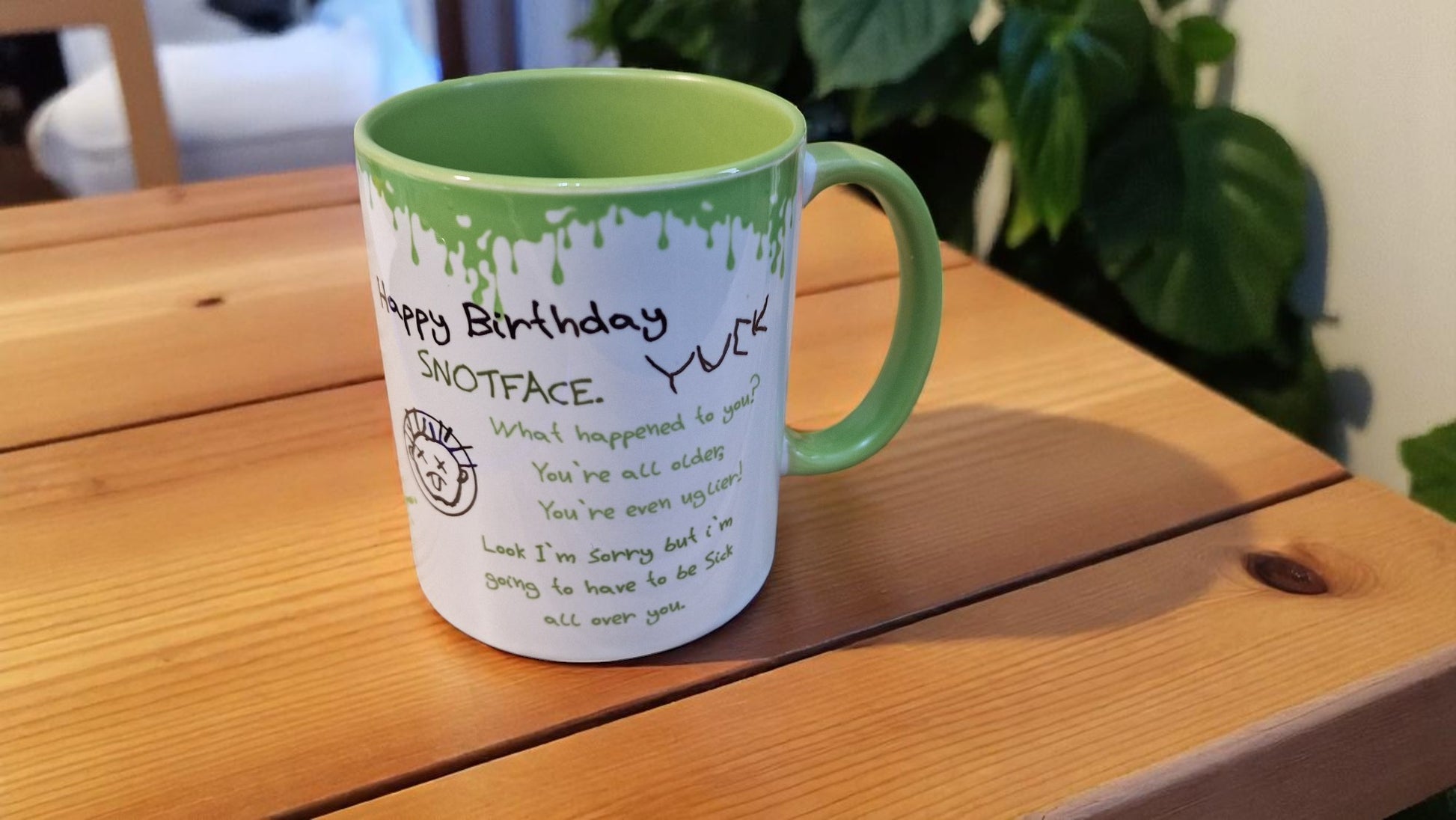 Drop Dead Fred Mug – Funny Green Drip Cartoon Face Ceramic Cup
