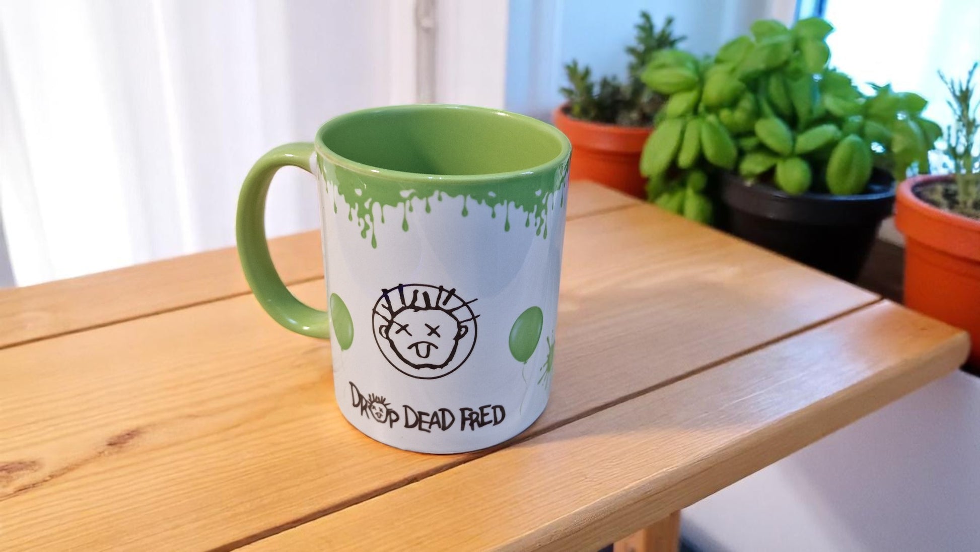Drop Dead Fred Mug – Funny Green Drip Cartoon Face Ceramic Cup