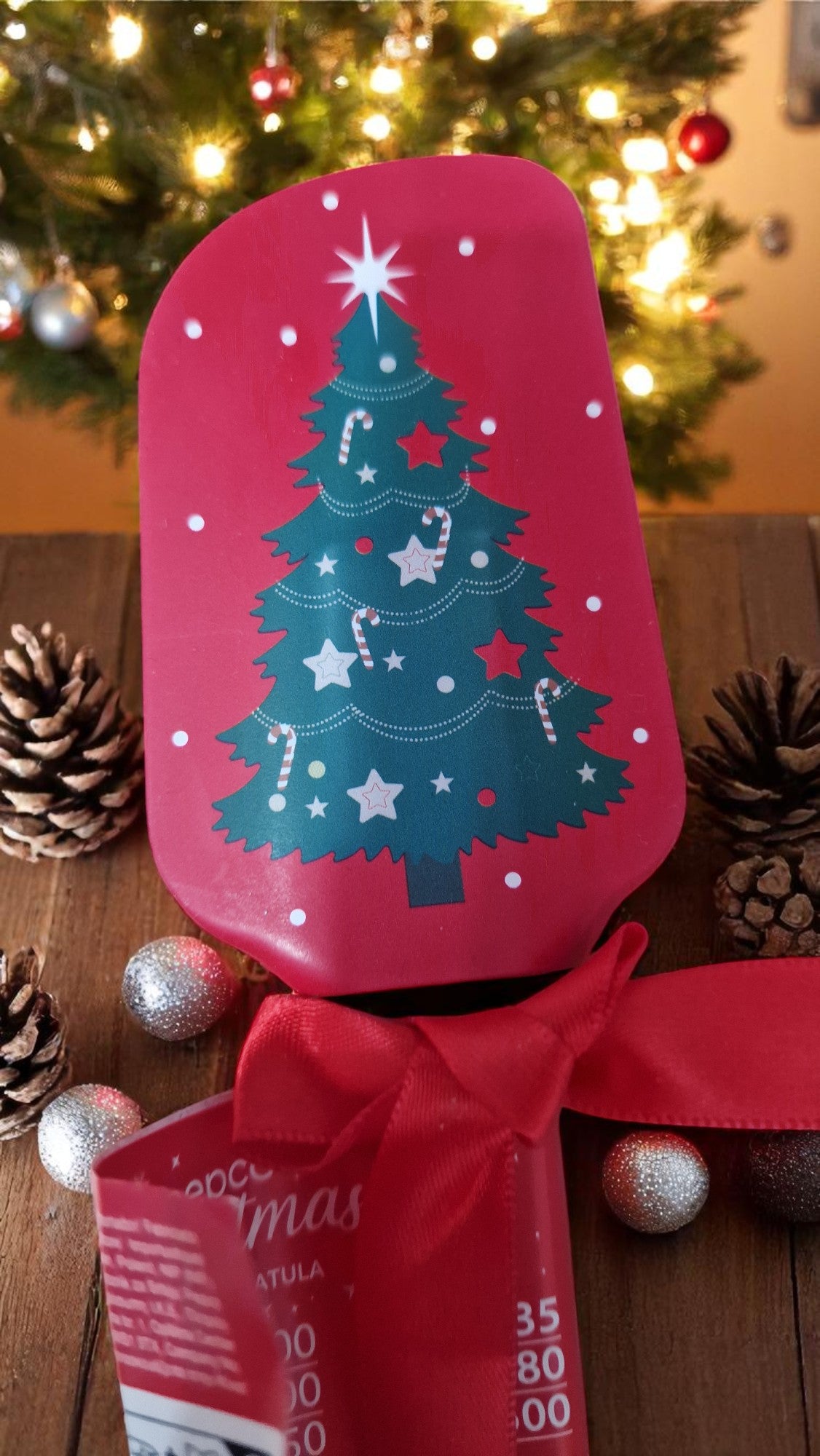 Red and white Christmas silicone spatula personalised with a name, surrounded by festive cookies and holiday decorations.