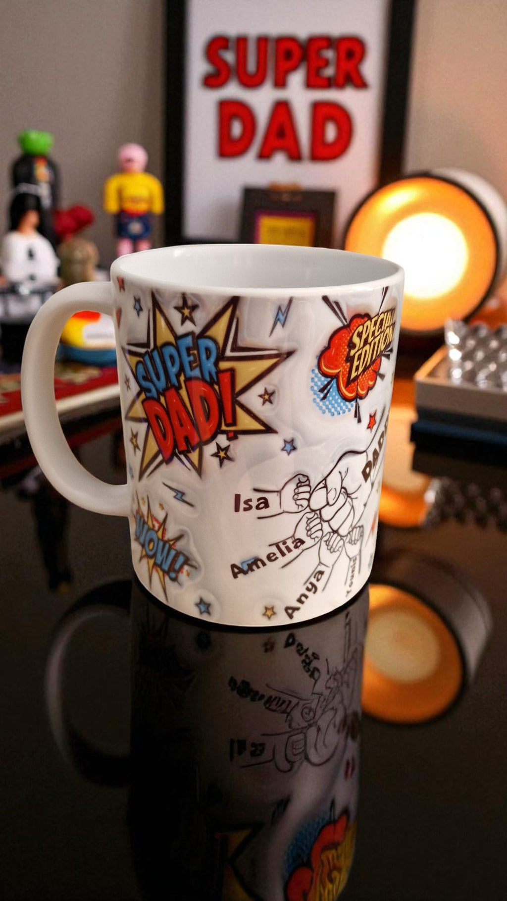 Mug with 'Super Dad' design on a reflective surface with a blurred background