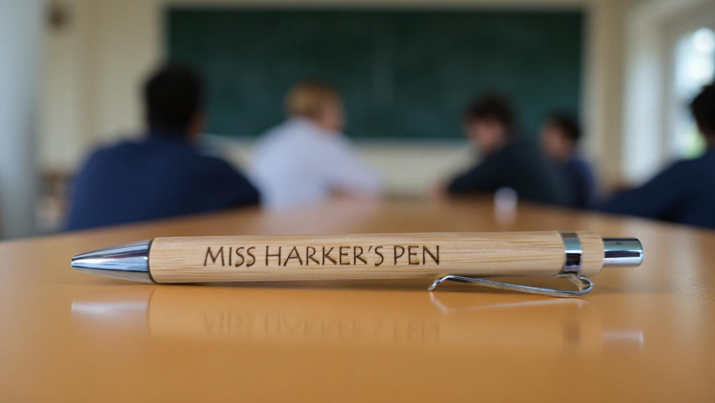 Personalised bamboo black pen engraved with teacher’s name, displayed on a notepad with eco-friendly packaging, ideal for gifts and stationery lovers