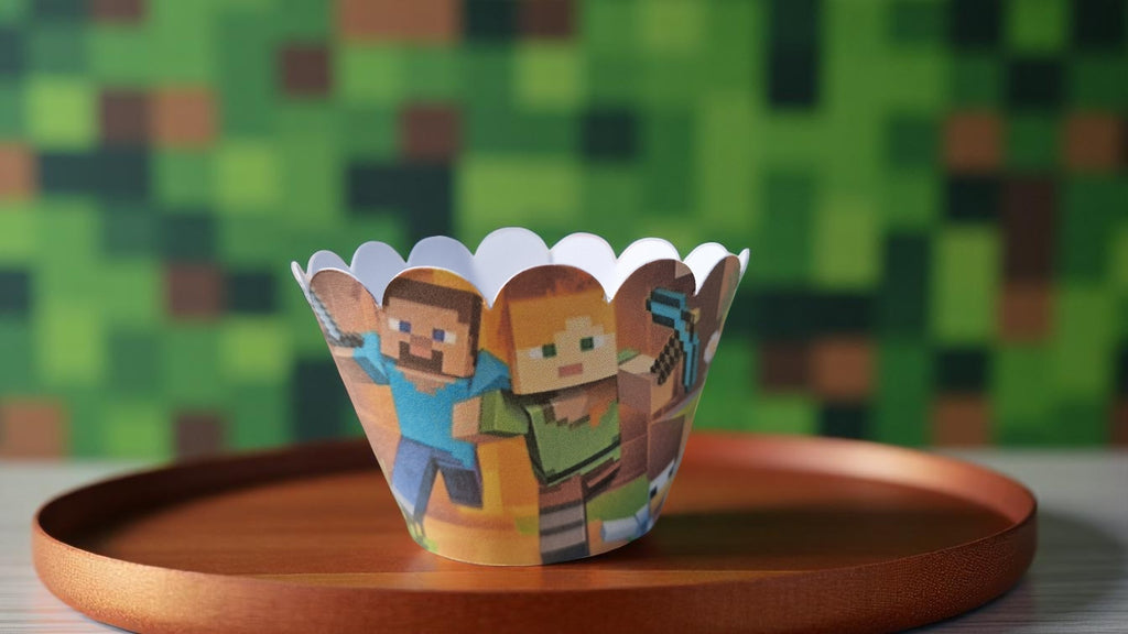 Set of 12 pixel block design pre-cut cupcake wrappers made from cardstock, shown flat and assembled for birthday party decoration. Not edible."