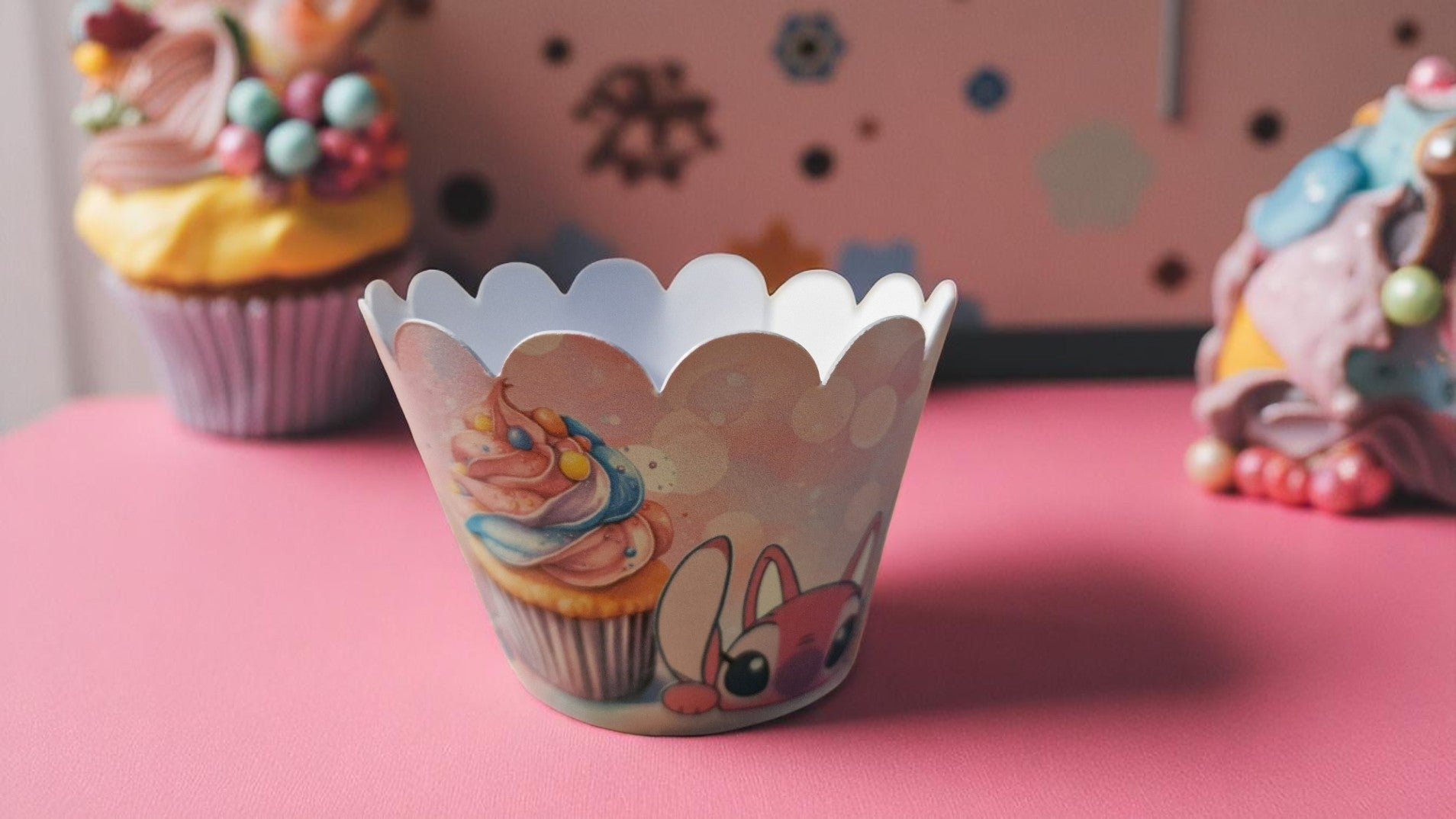 Set of 12 colourful pre-cut cupcake wrappers in two designs, made from cardstock, shown flat and assembled for birthday party decoration. Not edible