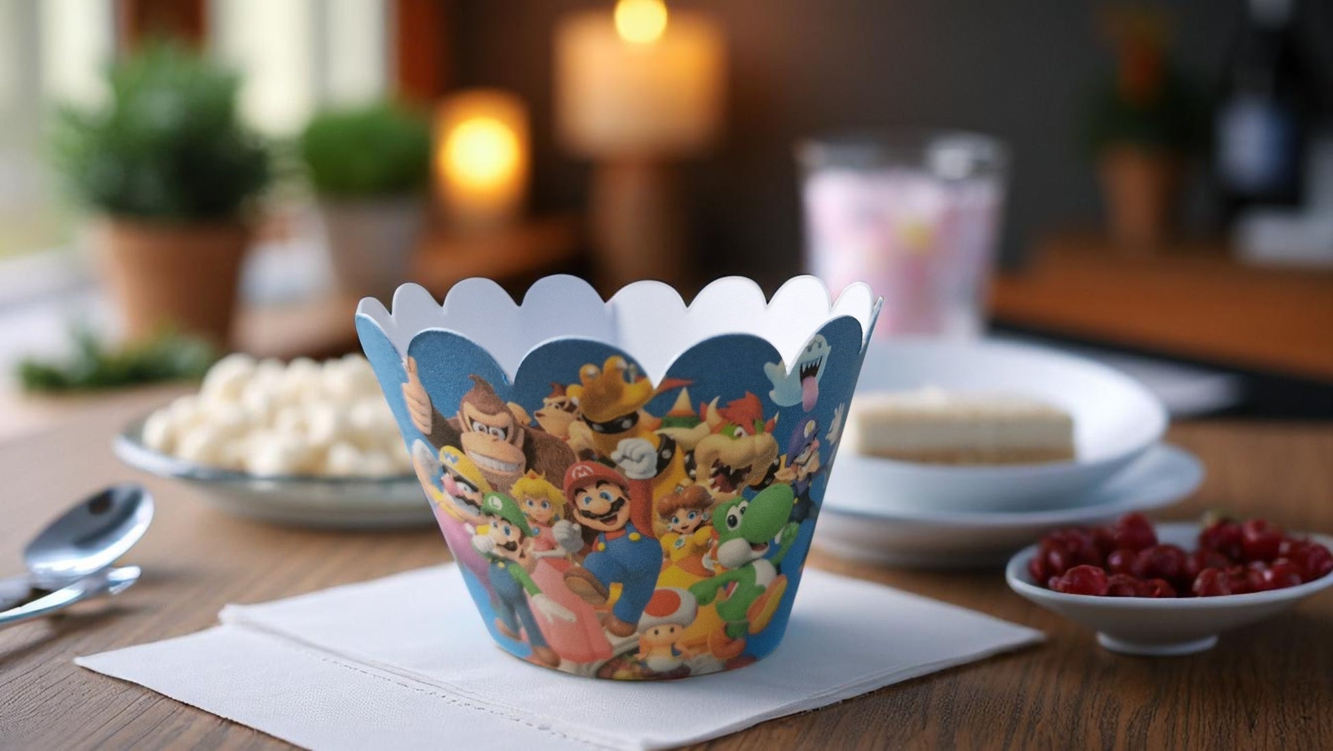 Set of 12 Mario cupcake wrappers in two designs, made from pre-cut cardstock, shown flat and assembled for birthday party decoration. Not edible."