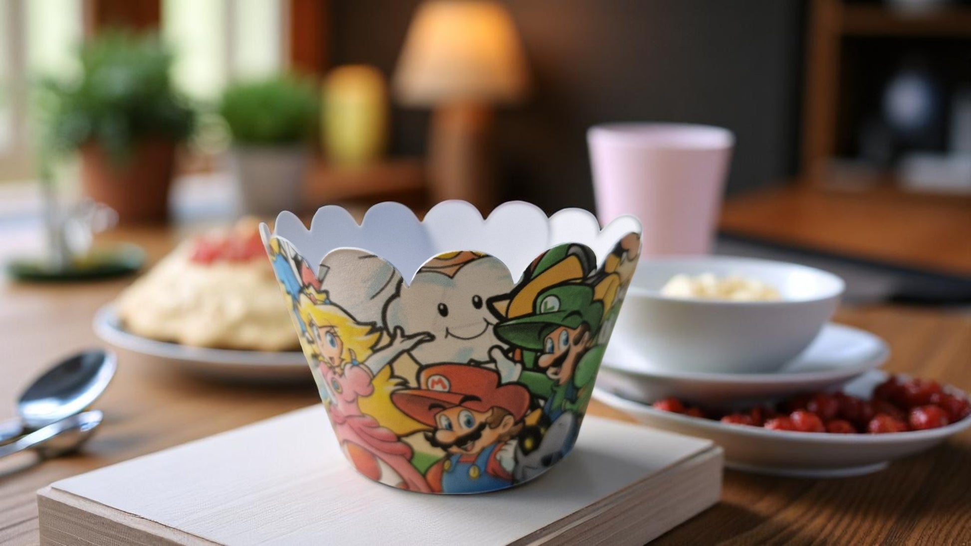 Set of 12 Mario cupcake wrappers in two designs, made from pre-cut cardstock, shown flat and assembled for birthday party decoration. Not edible."