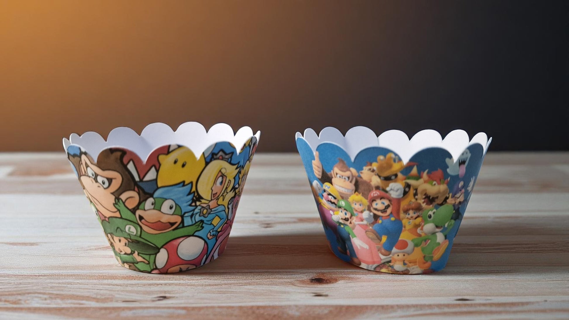 Set of 12 Mario cupcake wrappers in two designs, made from pre-cut cardstock, shown flat and assembled for birthday party decoration. Not edible."