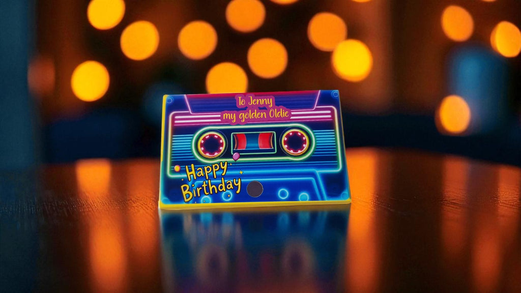 Personalised cassette voice message card, neon happy birthday, retro birthday gift, handmade, one card per order