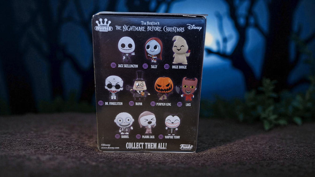 Box of 'The Nightmare Before Christmas' collectible figures with characters on a dark background.