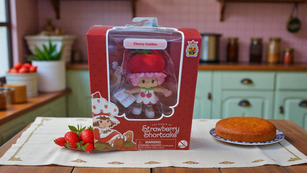 Strawberry Shortcake toy in packaging on a table with cake and strawberries.