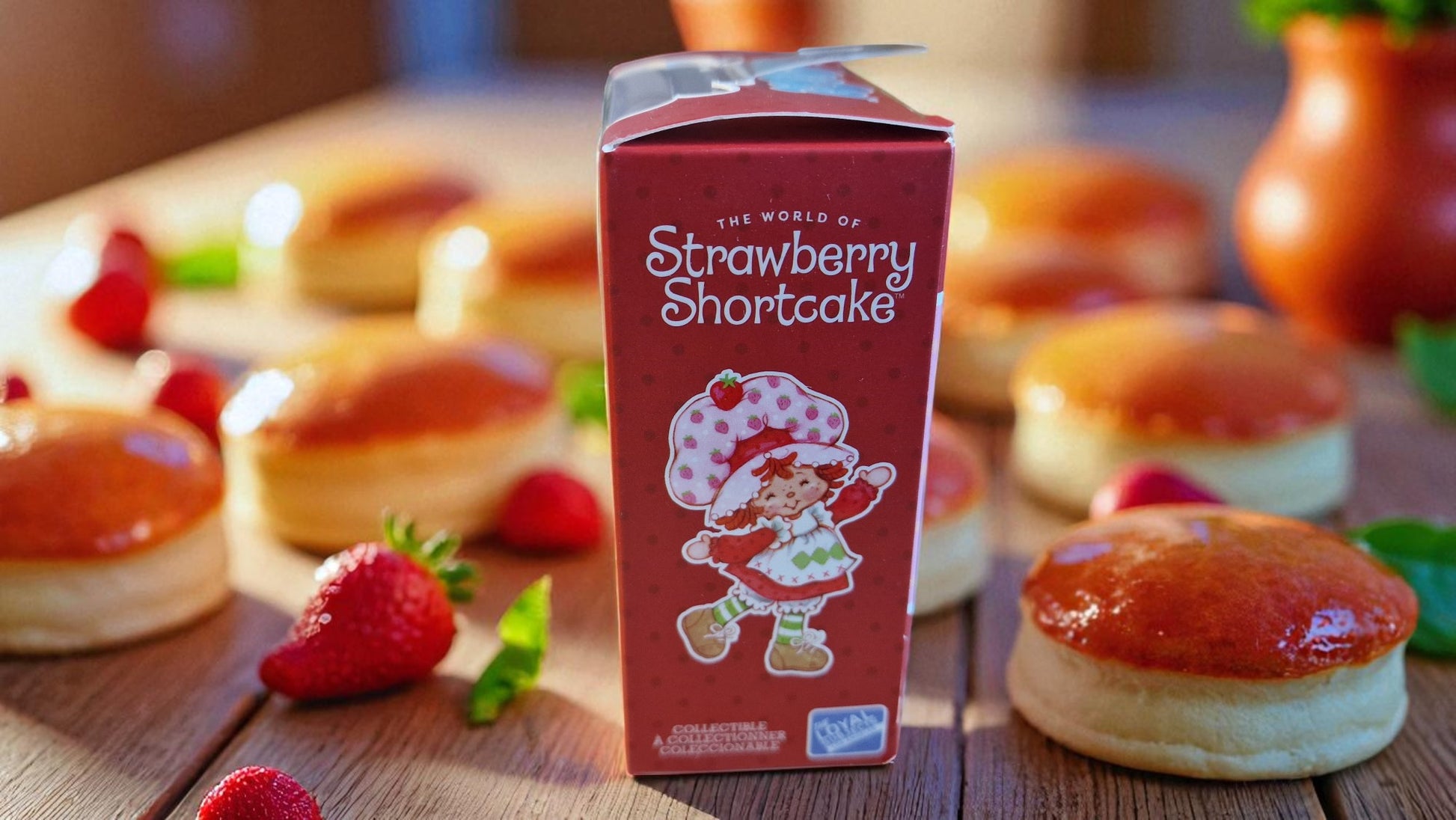 Strawberry Shortcake box with cookies and strawberries on a wooden table