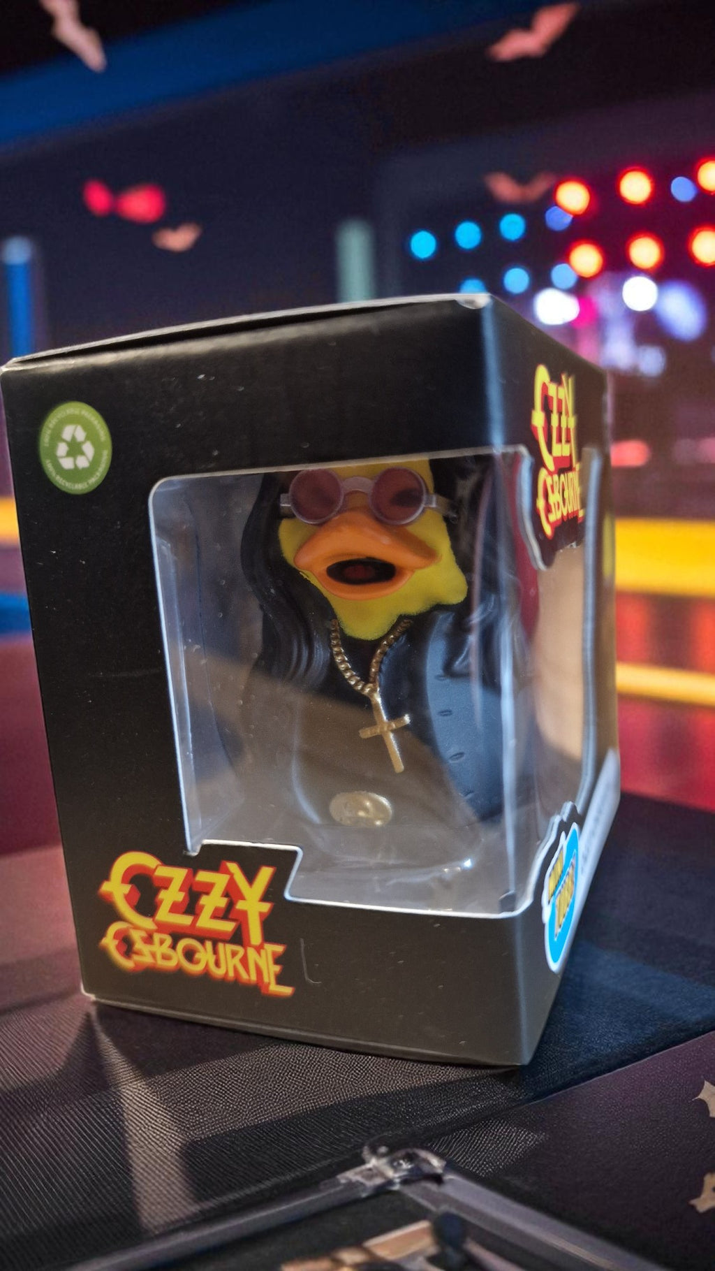 Ozzy Osbourne-themed rubber duck in packaging with visible branding.