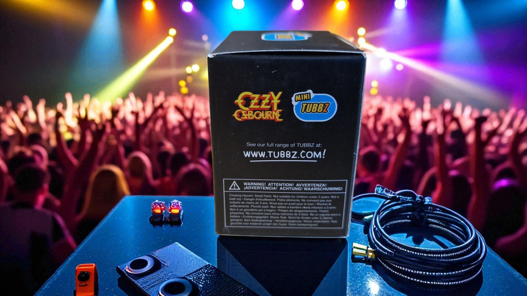 TUBBZ Ozzy Osbourne product packaging with concert lights and crowd in the background