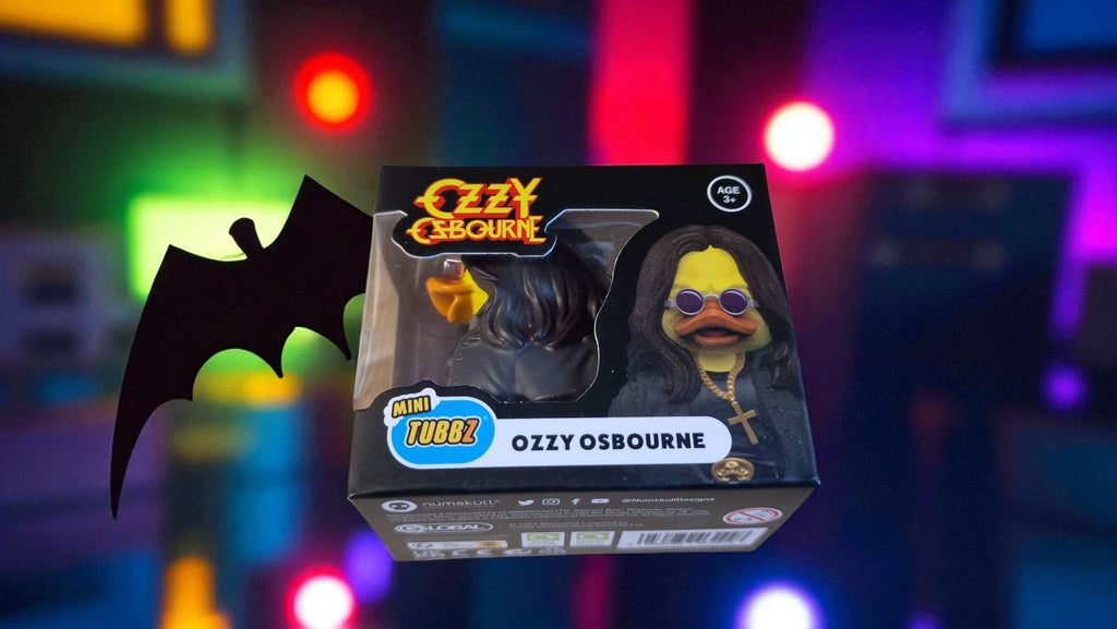 Ozzy Osbourne figurine packaging with colorful light effects in the background