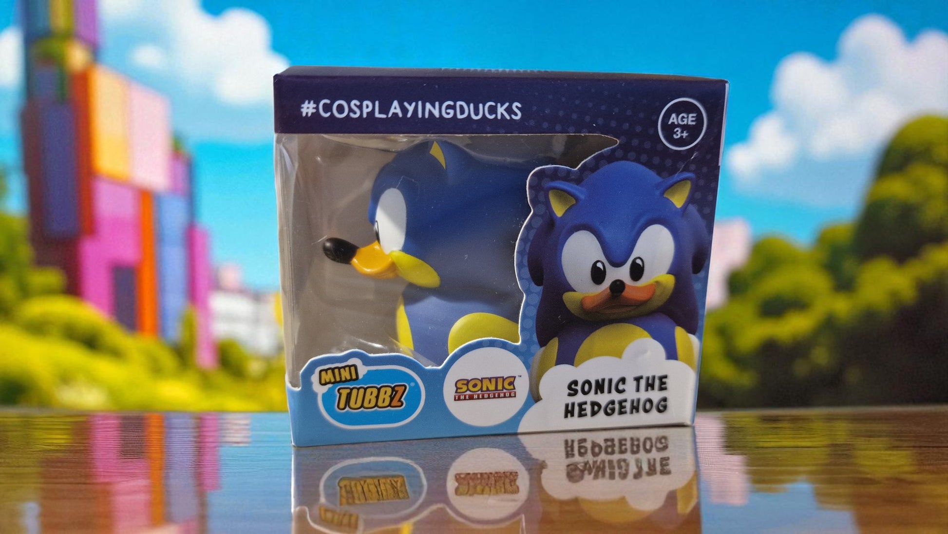 Sonic the Hedgehog toy packaging with colorful background