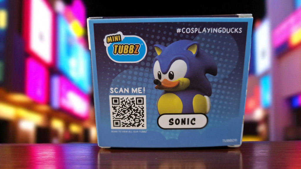 Sonic figurine packaging with QR code on a colorful background