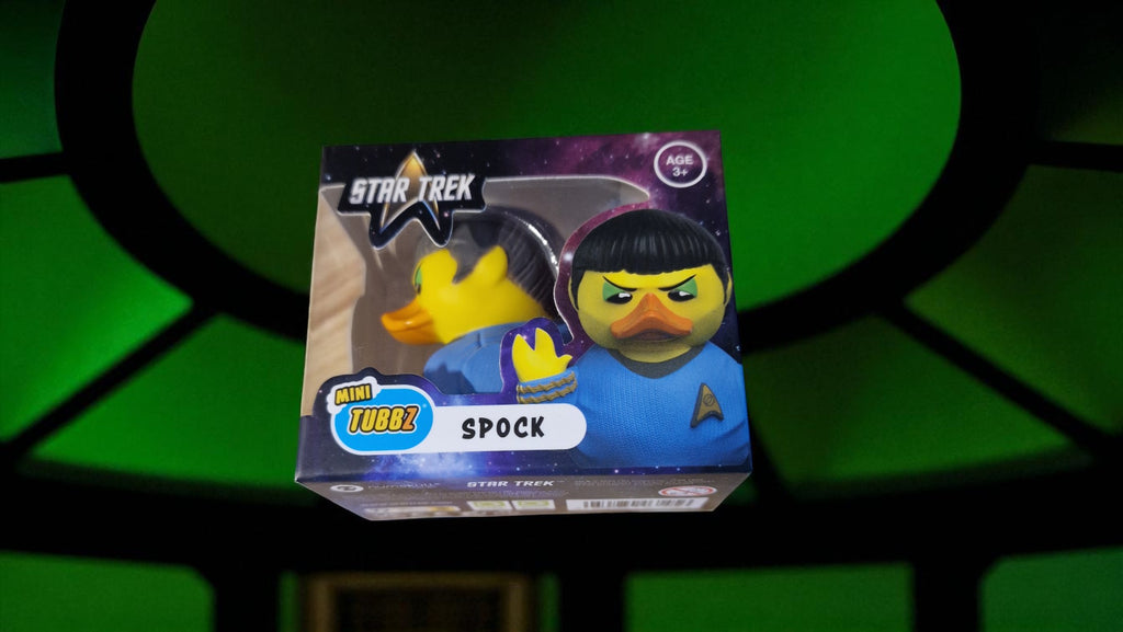 Star Trek Spock rubber duck in packaging on a green background