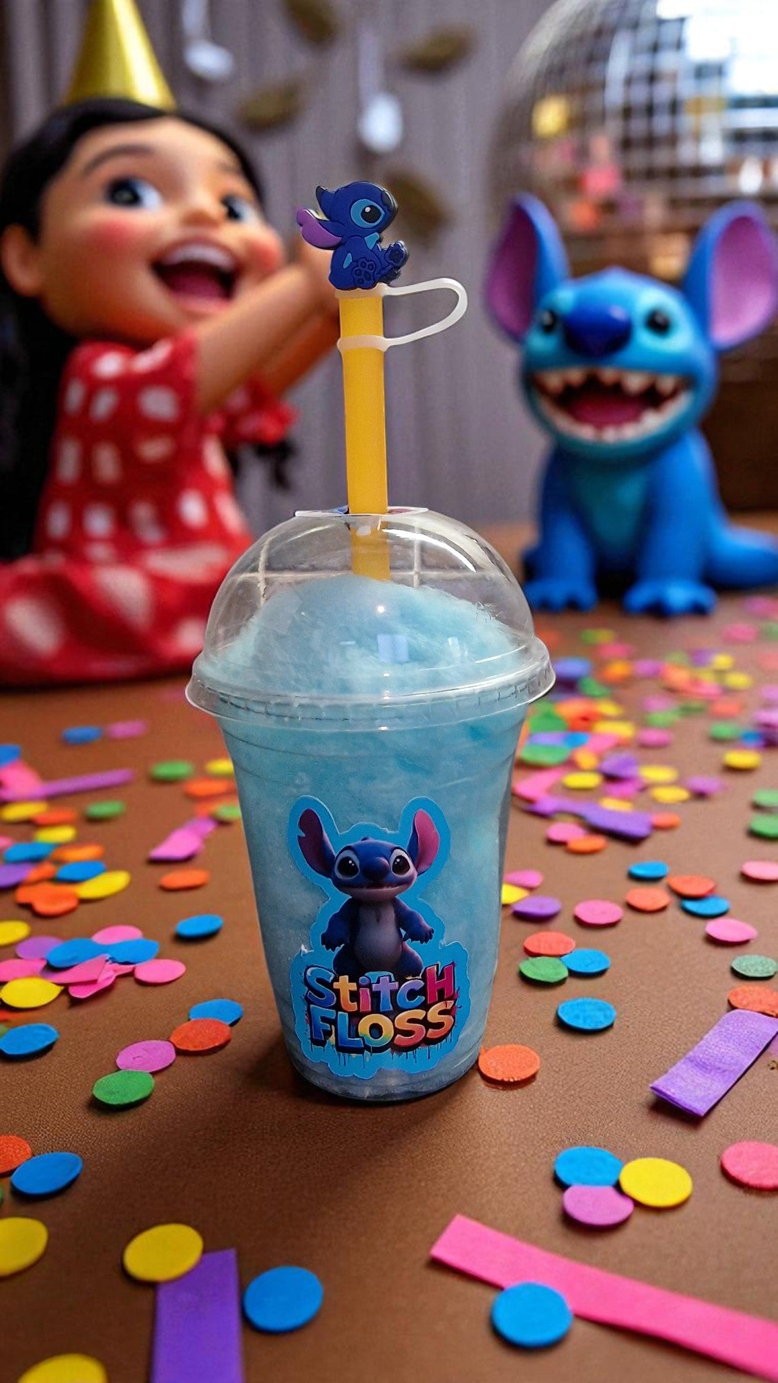 Blue cup with cartoon character design on a table with confetti and toys.
