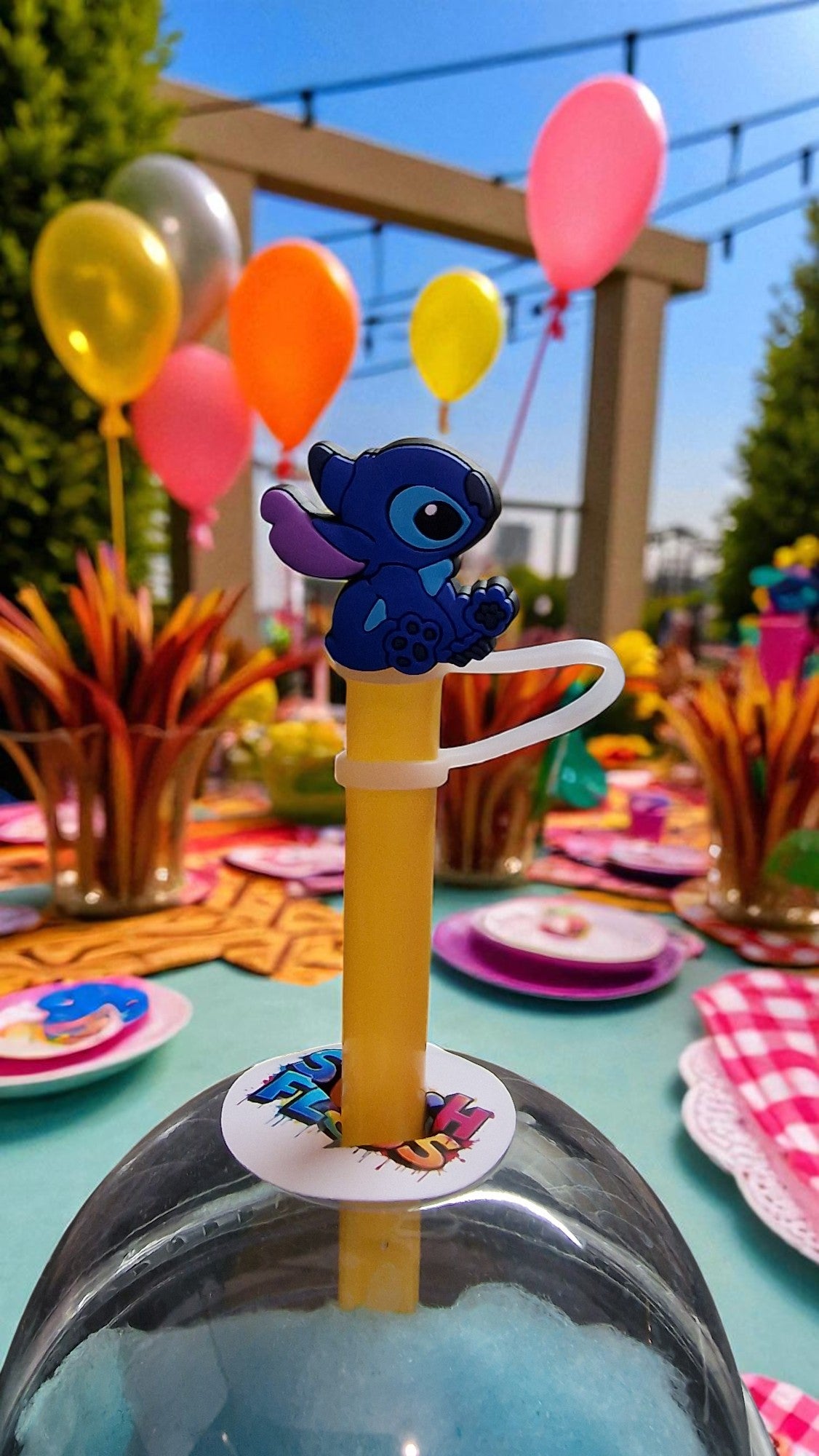 Lilo & Stitch-themed party setup with balloons and decorations