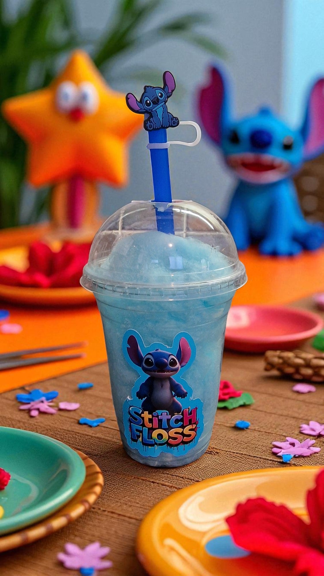 Blue cup with 'Stitch' design on a table with colorful decorations