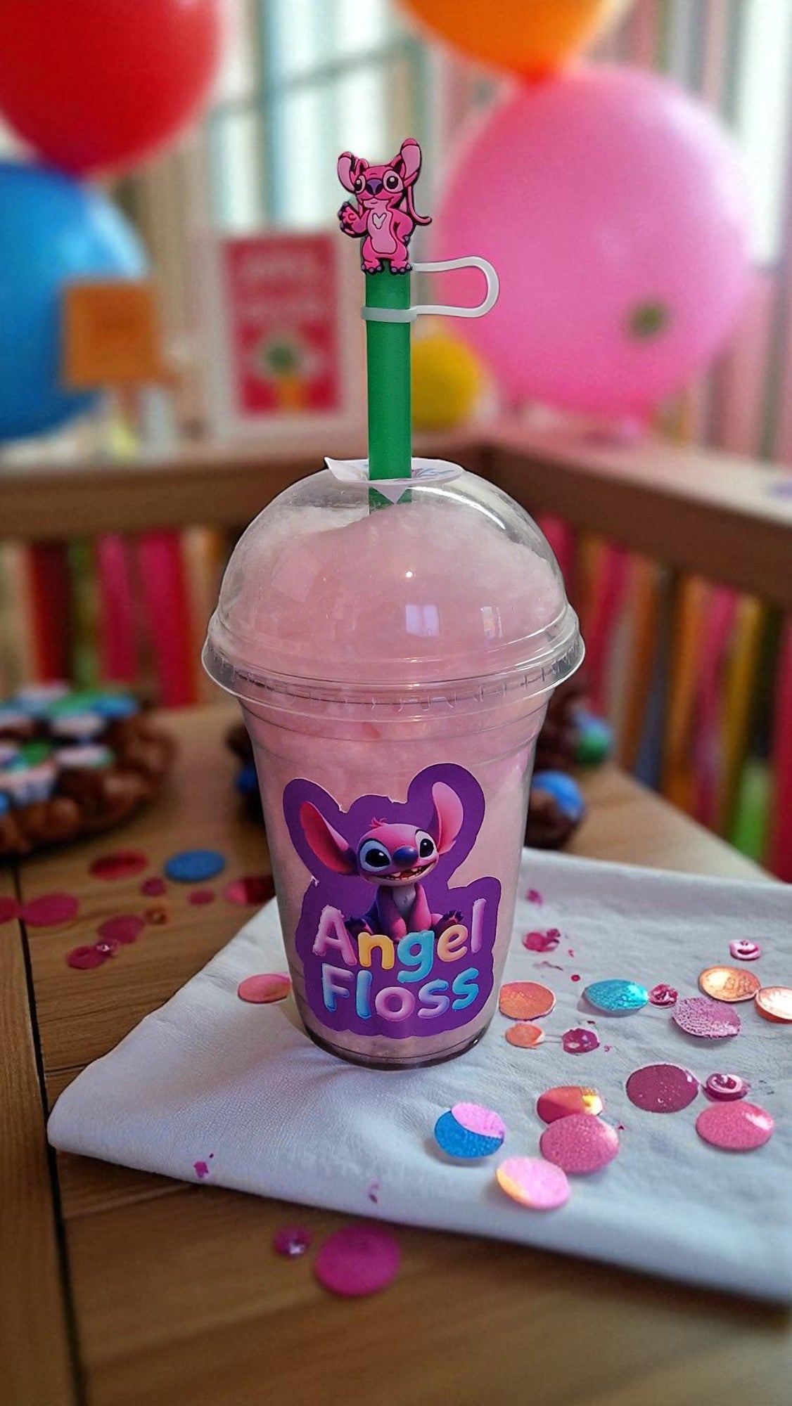Pink 'Angel Floss' drink with a straw and character on a colorful background