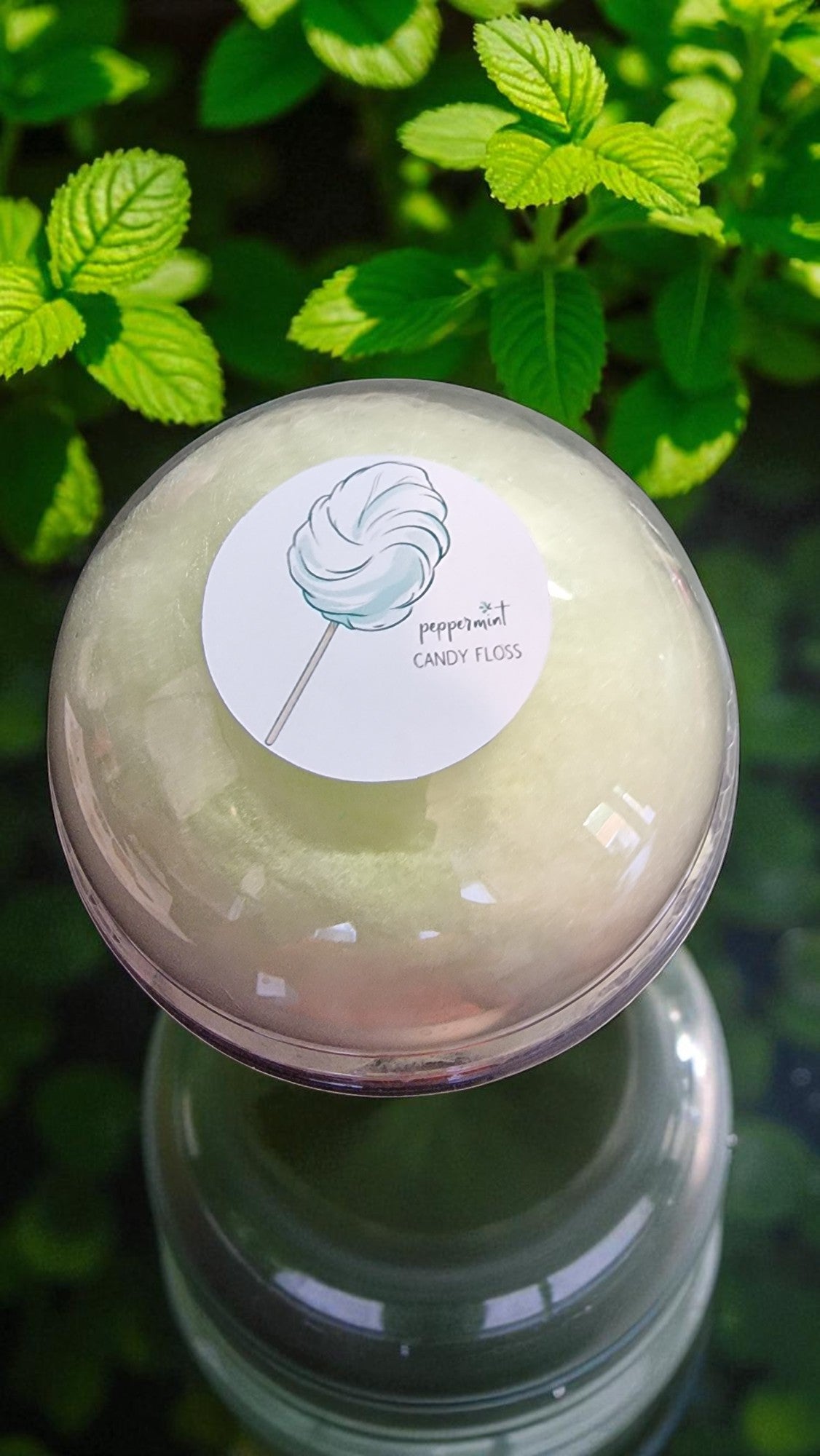 Bottle cap with a label featuring a lollipop design, against a green leafy background