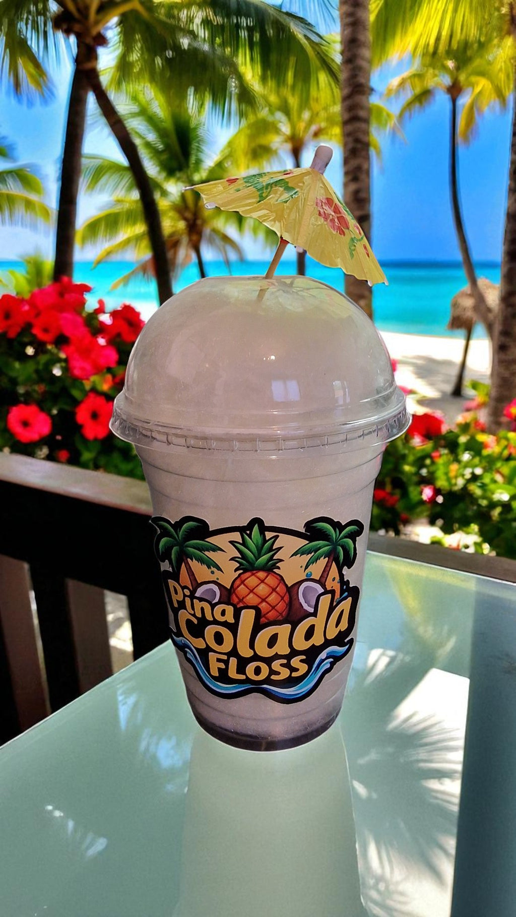 Tropical-themed drink with a pineapple logo on a beach setting