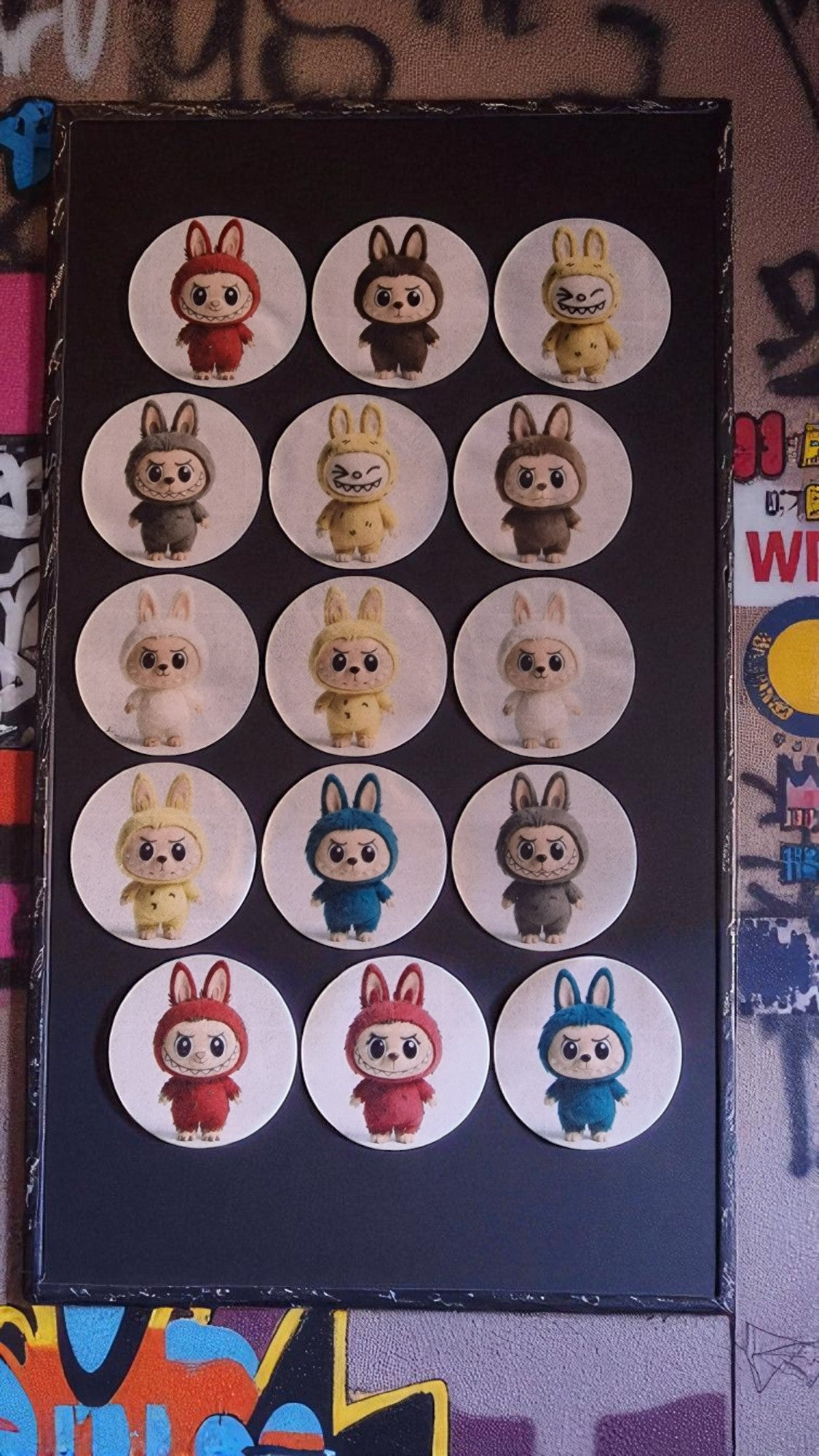 Set of cartoon character stickers on a black card with colorful background
