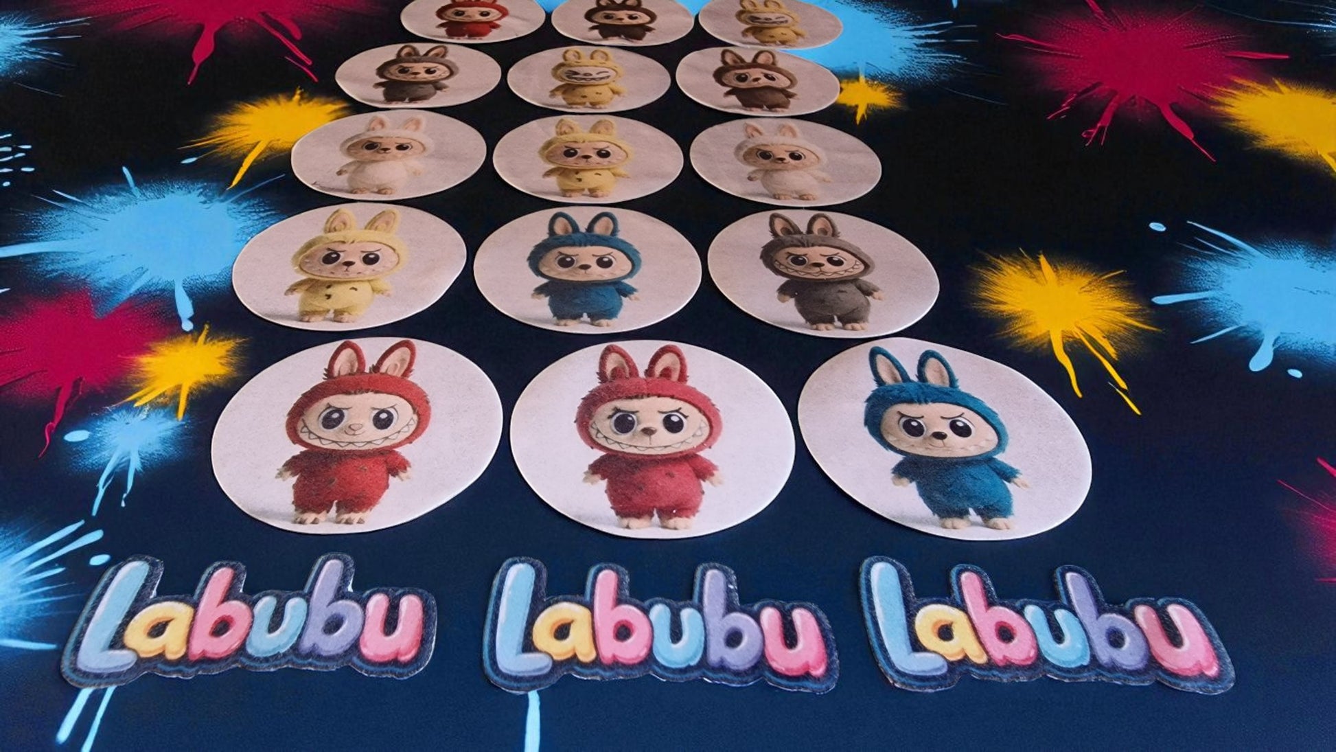 Stickers of a cartoon character with 'Labubu' branding on a colorful background