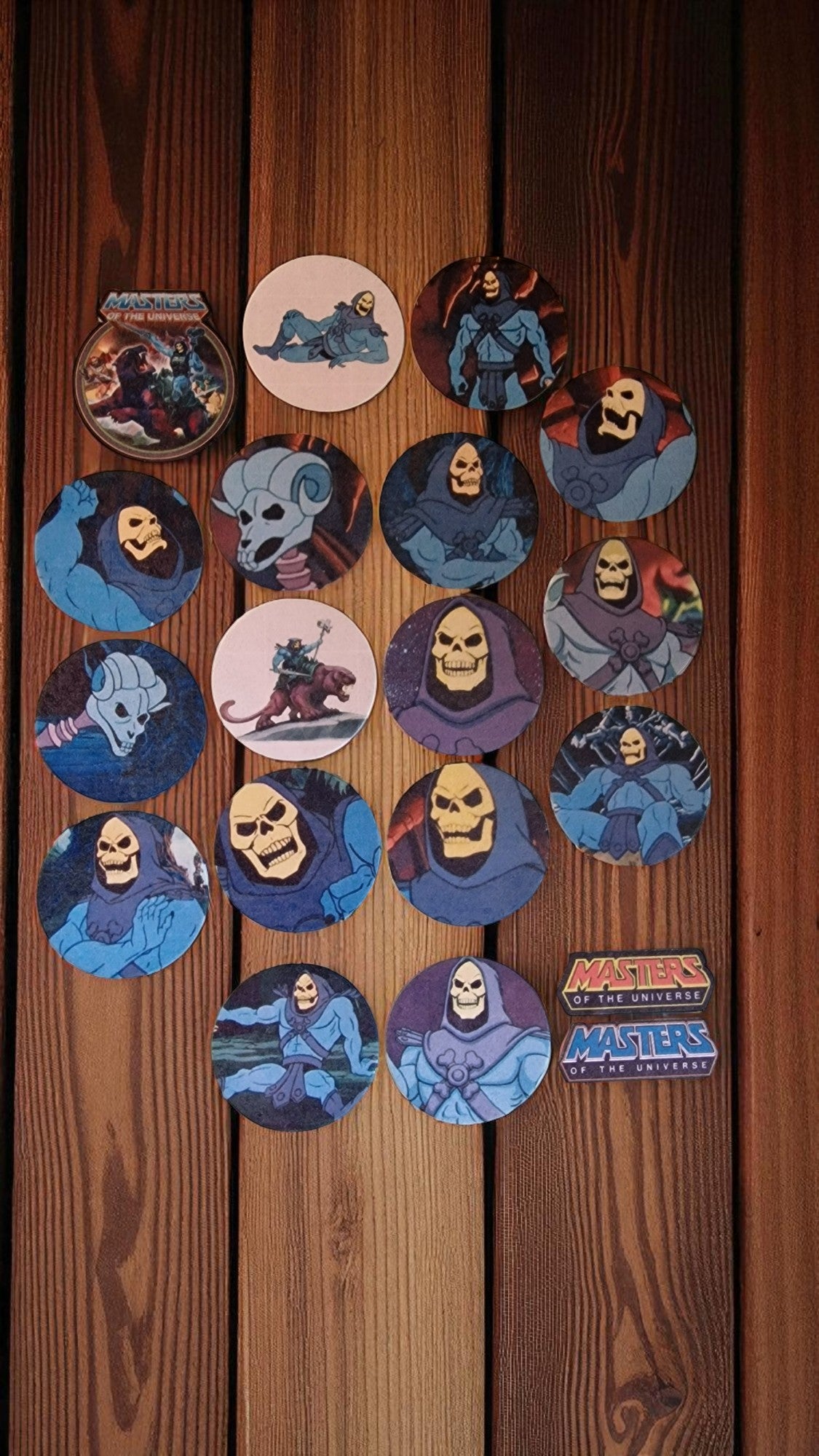 Collection of Skeletor stickers on a wooden surface