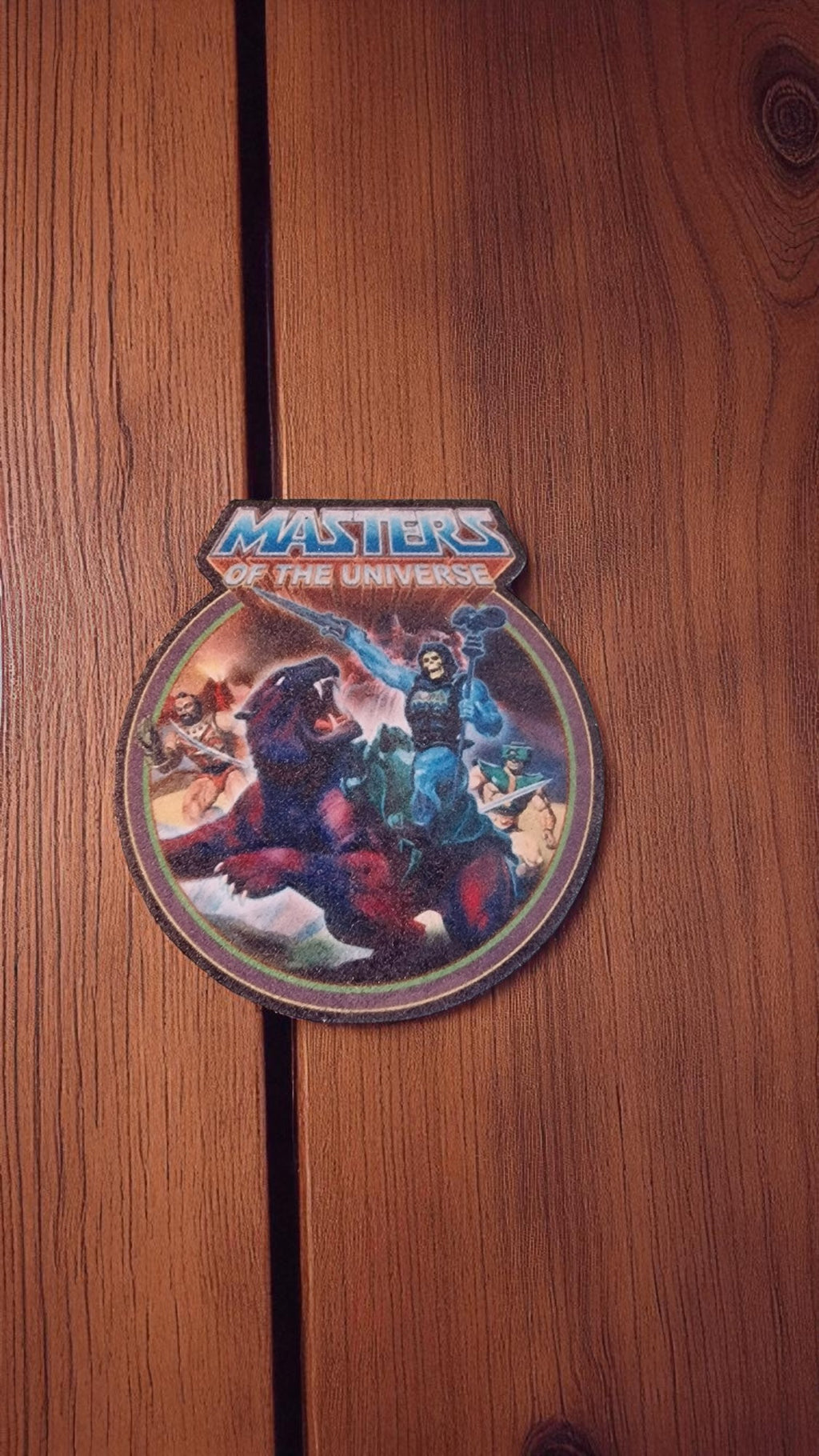 Decorative plate with 'Masters of the Universe' design on a wooden surface