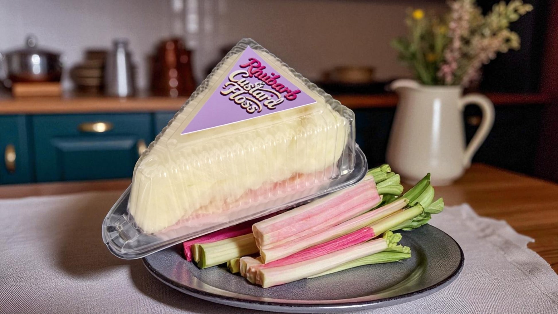 Packaged cheese wedge on a plate with vegetables in a kitchen setting